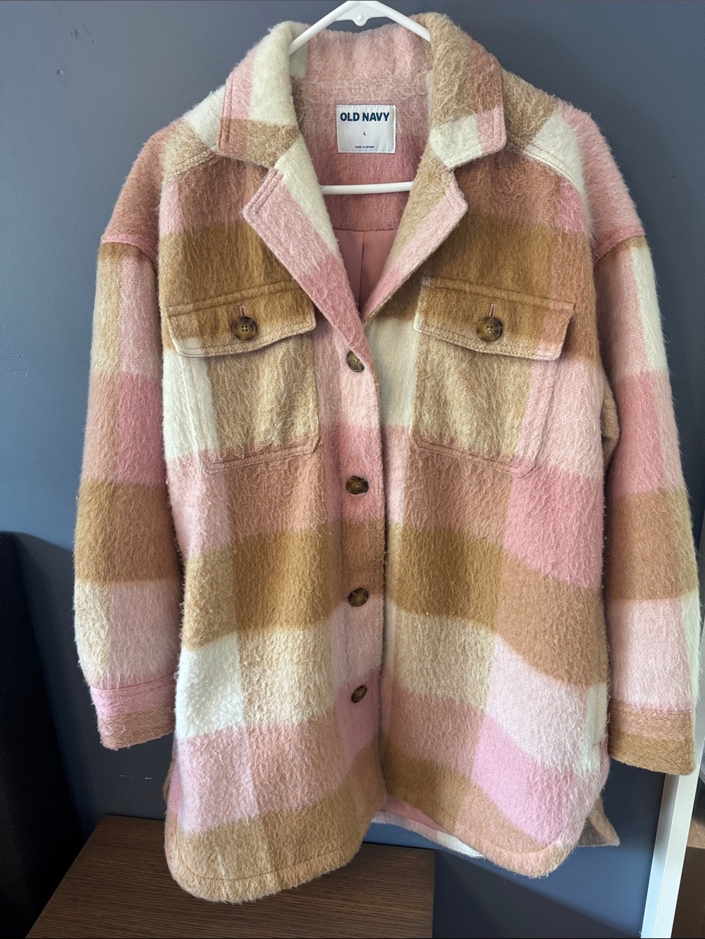 Old Navy Pink, Tan & Cream Plaid Teddy Shacket